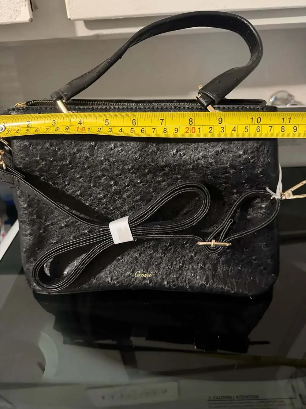 New Crossi Black Faux Leather Ostrich Bow Satchel Handbag
